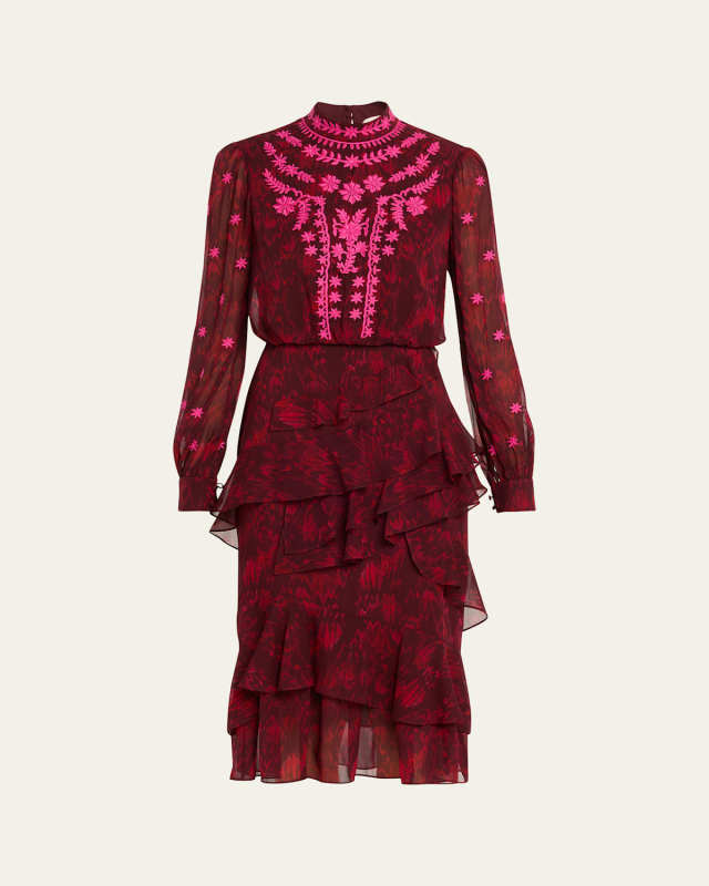 Isa Mock-Neck Floral-Print Silk Midi Dress